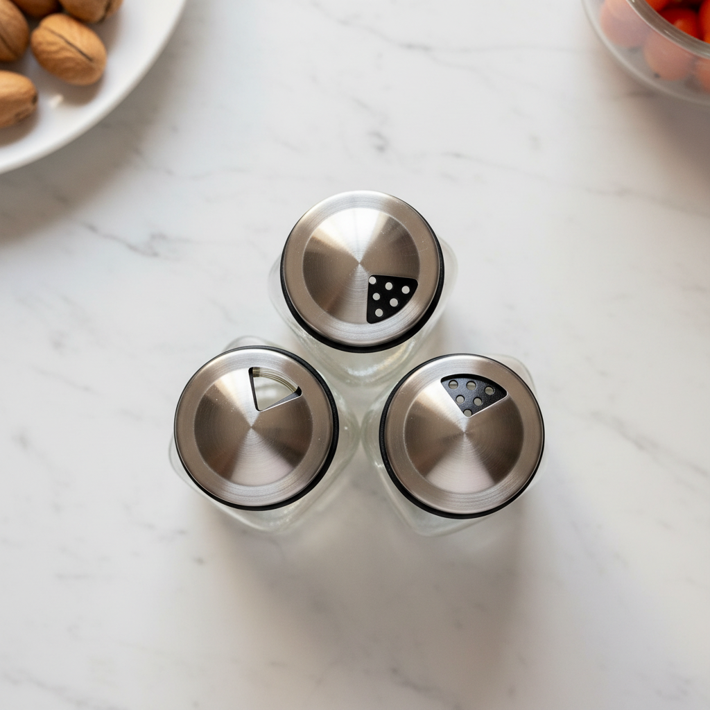 Three spice jar lids showing 3 different hole sizes for dispensing